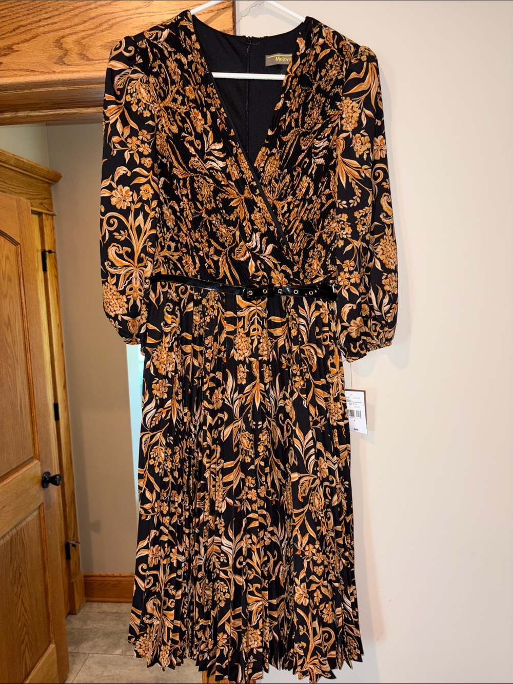 Black Midi Dress with Gold Botanical Print and Belted Waist